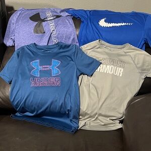 Bundle of 4 Under Armour Kids' Blue, Purple, and Gray Tees. (3 under 1 nike)